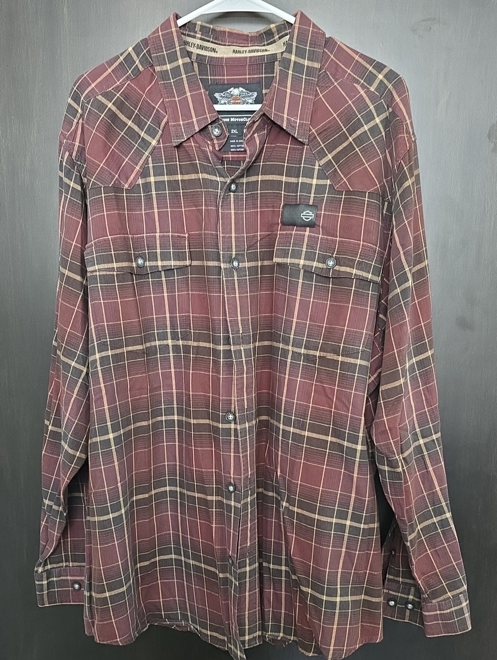 Harley-Davidson Burgundy and Tan Plaid Button-Down Shirt